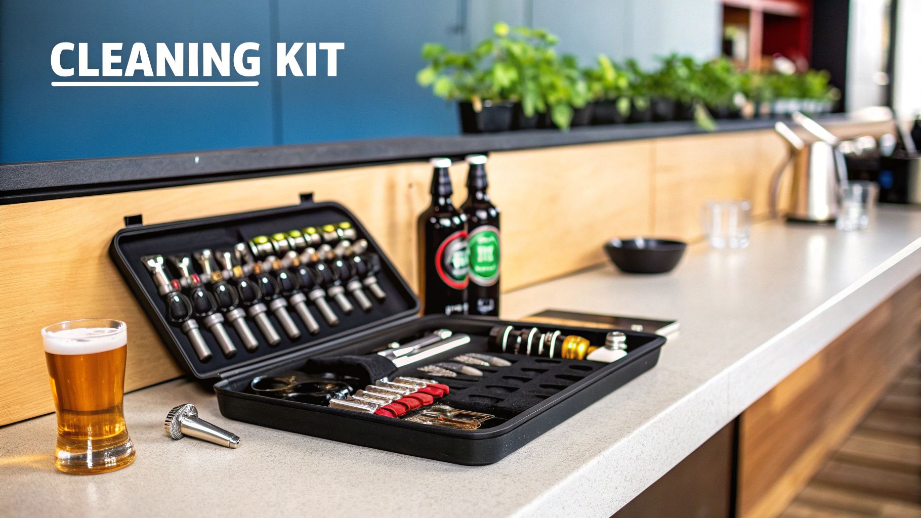 Essential tools for draft beer line cleaning laid out on a bar top.