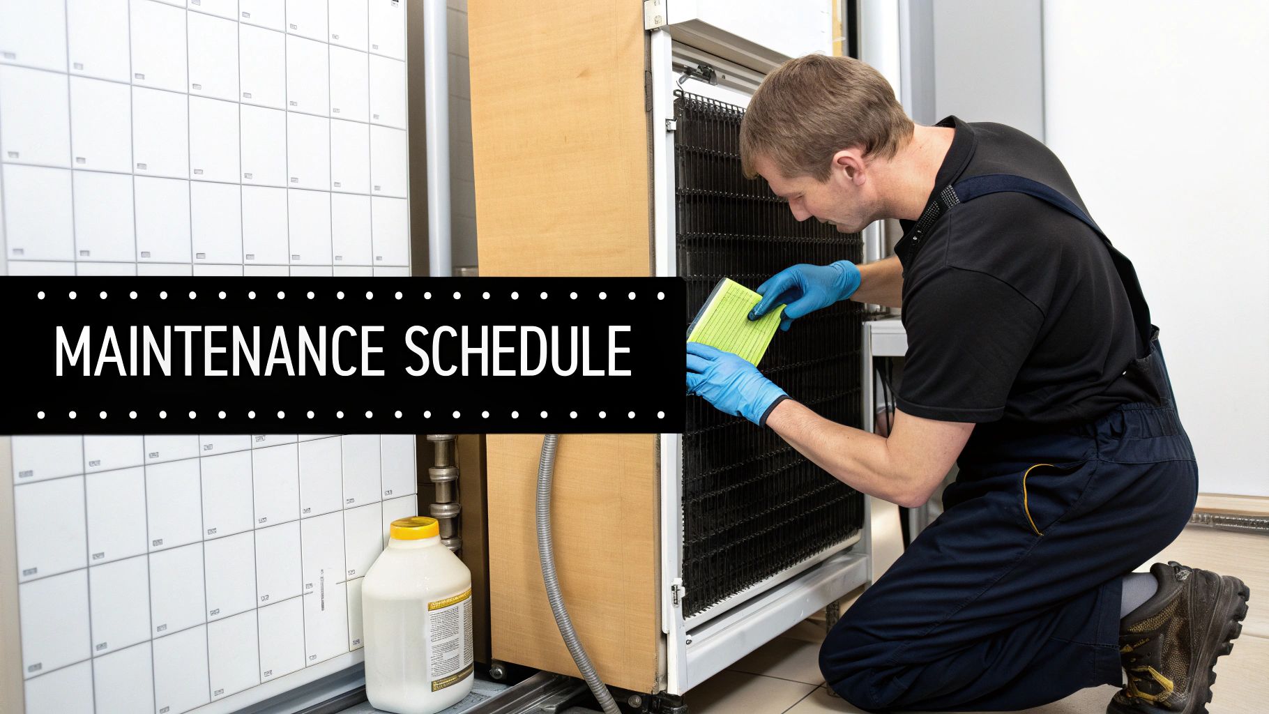 A technician wearing blue gloves cleans a commercial refrigerator coil, with a 'MAINTENANCE SCHEDULE' text overlay.