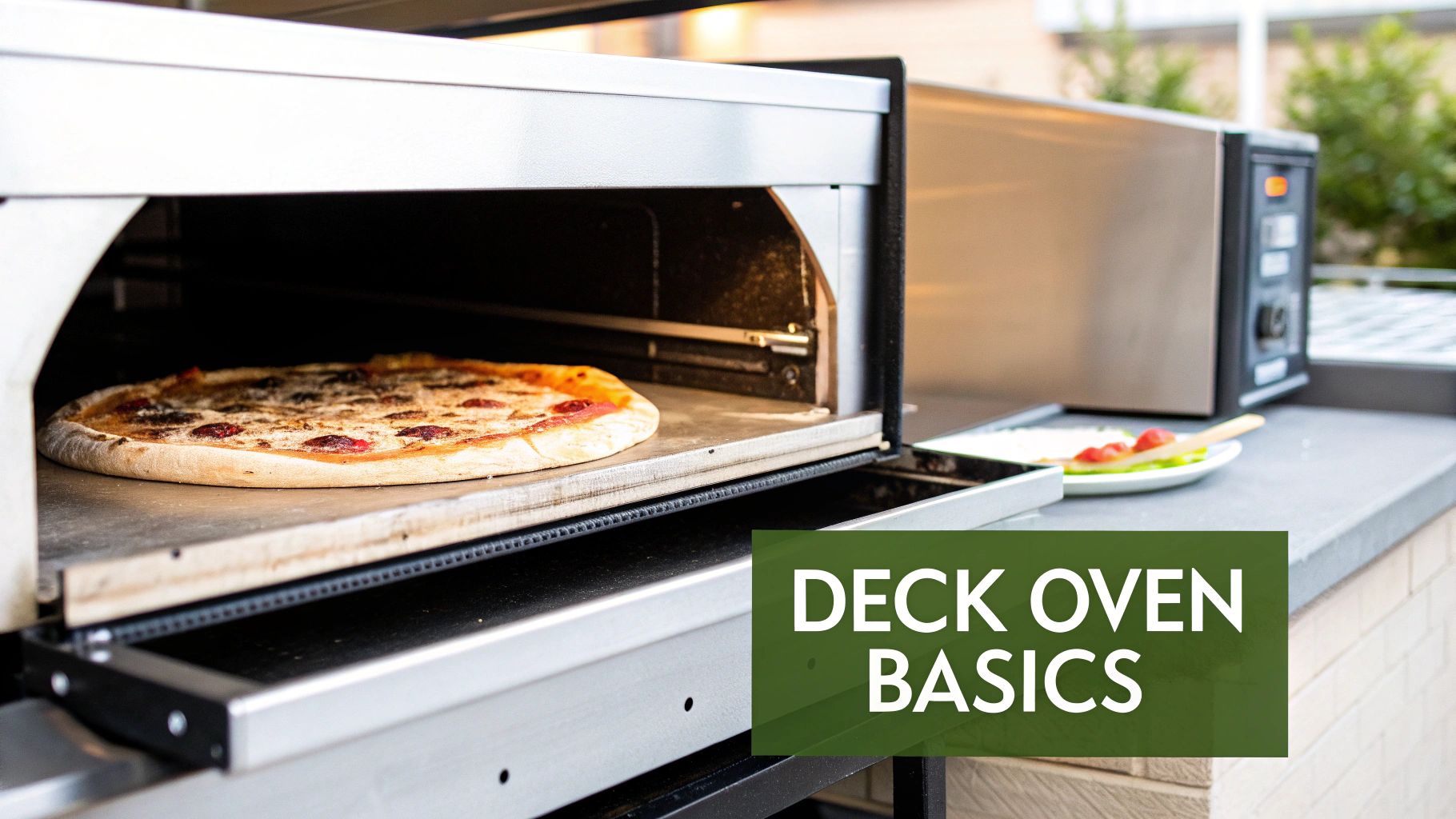 A delicious pizza baking inside a professional deck oven on a stone surface, with fresh ingredients nearby.