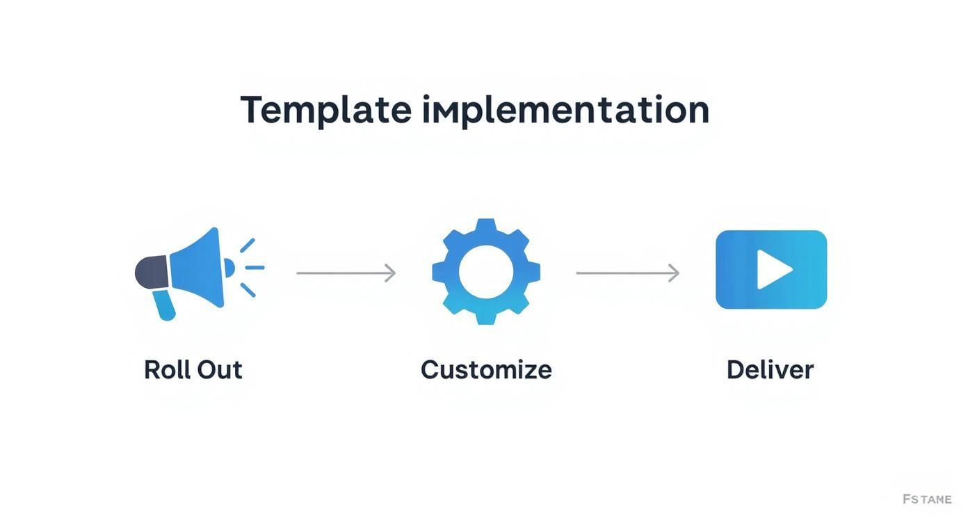 Infographic showing the process flow of implementing a training template with steps for roll out, customization, and delivery.