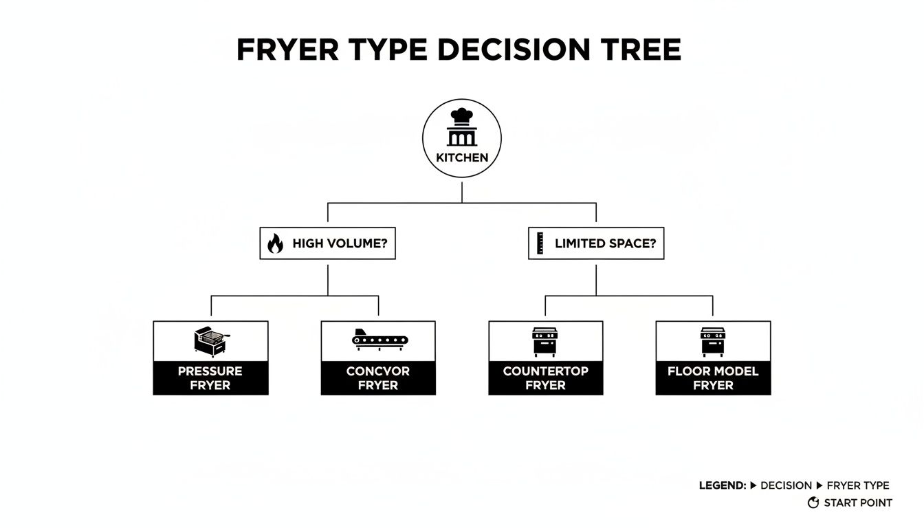 Decision tree diagram for choosing commercial fryer types based on kitchen volume and space needs.