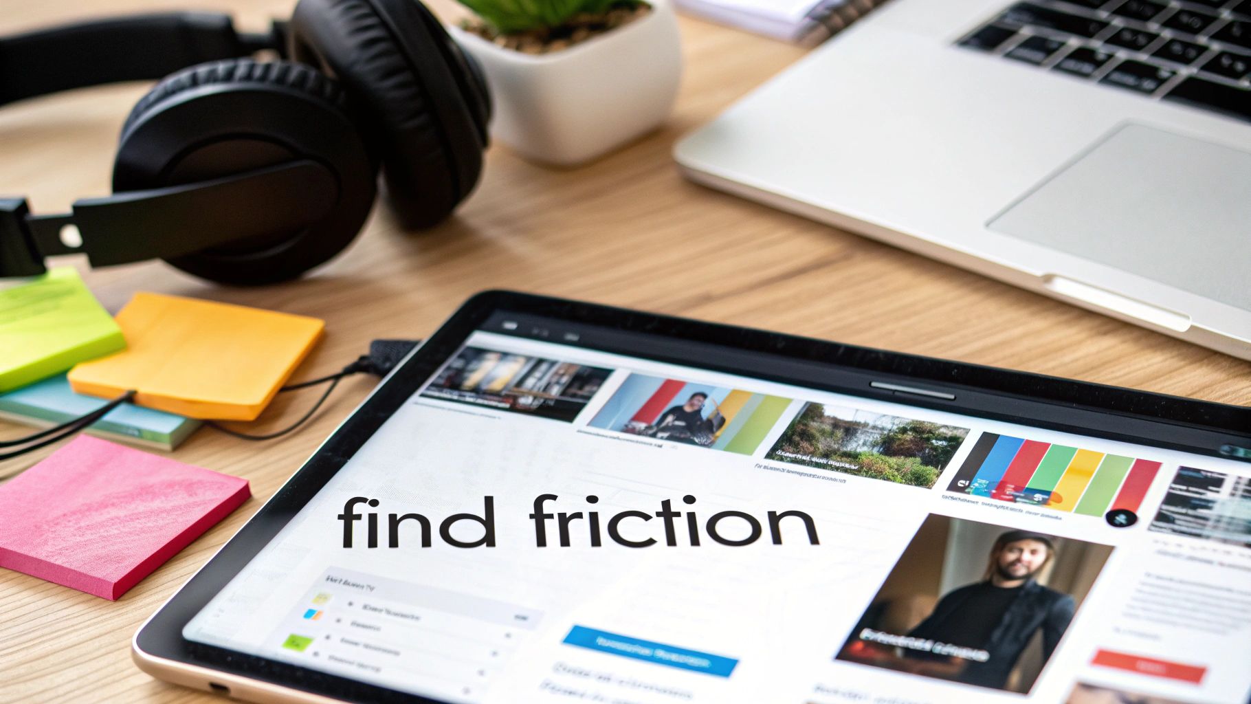 A workspace scene featuring a tablet displaying 'find friction', headphones, colorful sticky notes, a plant, and a laptop.