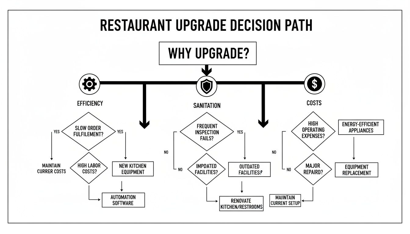 Flowchart illustrating restaurant upgrade decisions based on efficiency, sanitation, and costs.