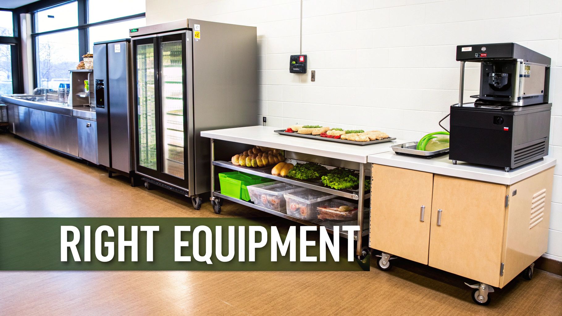 A well-equipped commercial kitchen featuring various stainless steel equipment, food items, and a beverage dispenser.