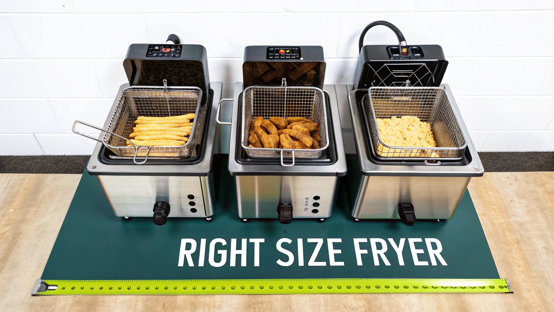 Three commercial deep fryers display french fries, chicken nuggets, and hash browns on a "RIGHT SIZE FRYER" mat.