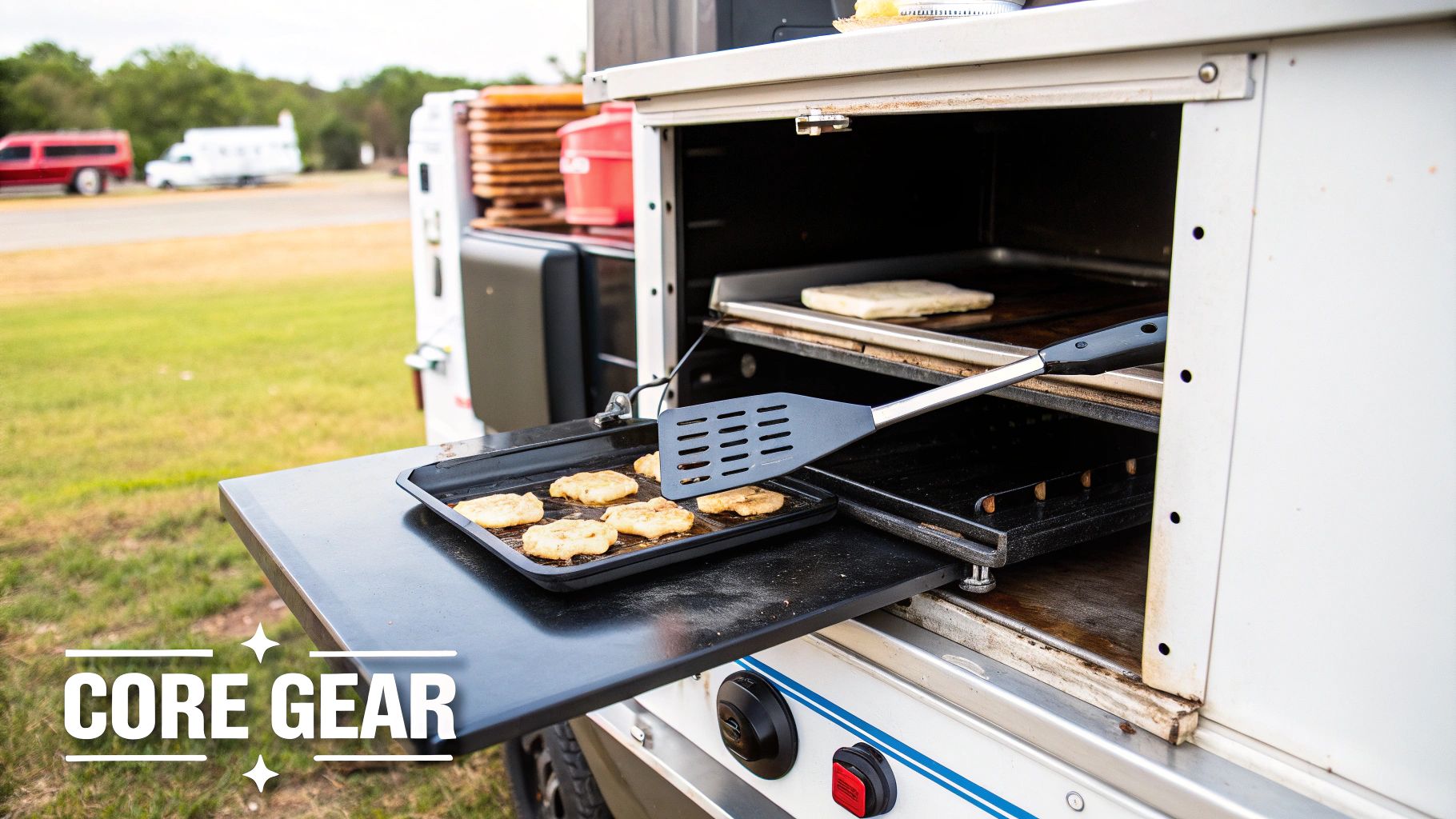 A food truck kitchen shows a tray of cooked fritters on a pull-out shelf with a spatula, next to an open oven.