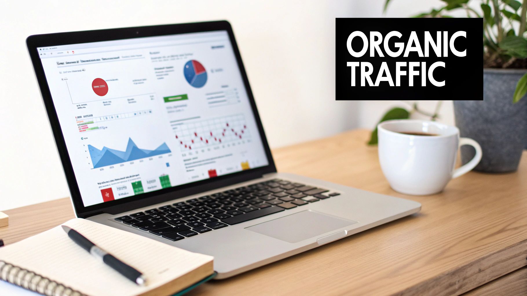 A laptop displaying organic traffic analytics with charts and graphs on a wooden desk next to a coffee cup.