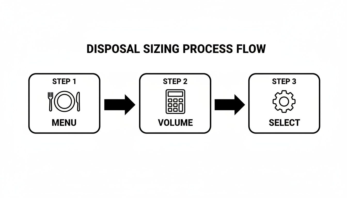 A process flow diagram showing three steps for disposal sizing: menu, volume, and select, with arrow connections.