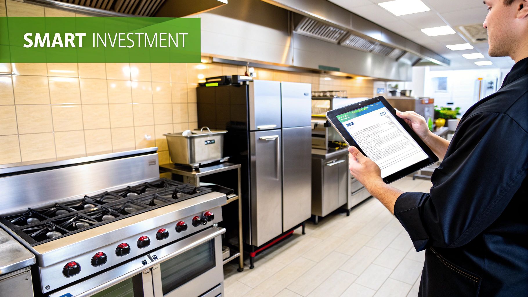 A chef uses a tablet in a modern commercial kitchen with stainless steel equipment, indicating smart investment.