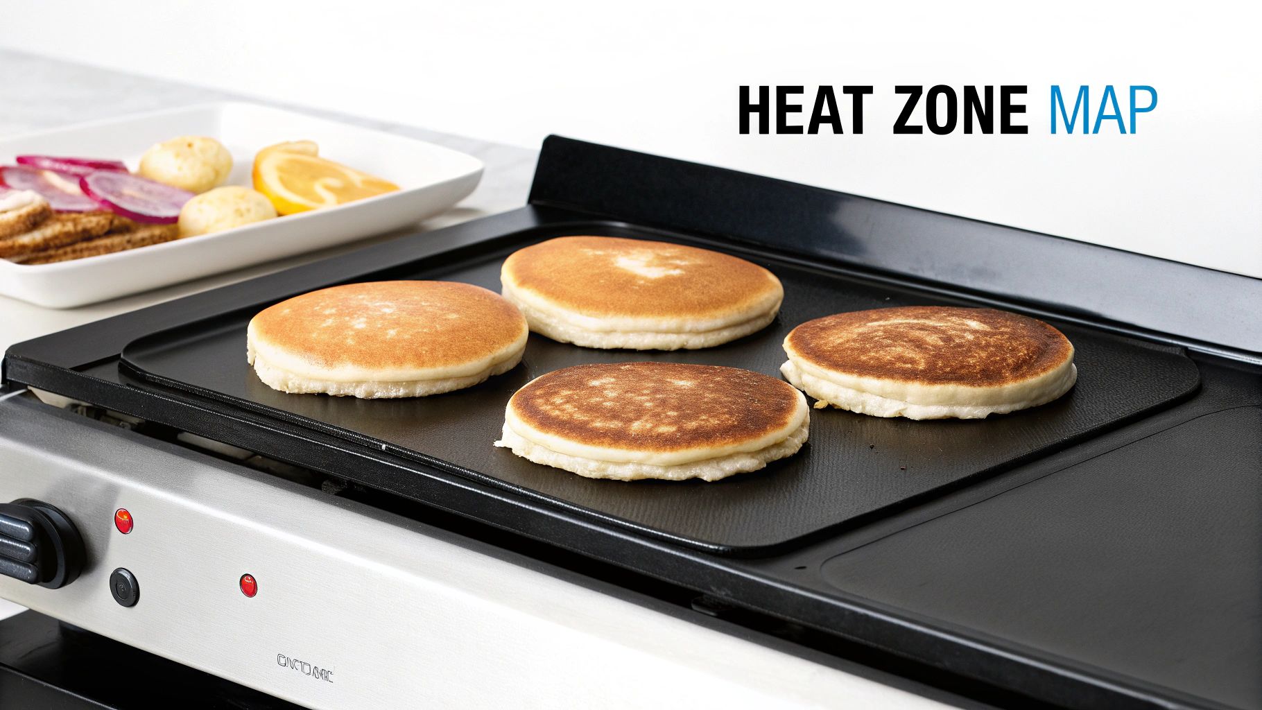 Four golden pancakes cook on a black electric griddle with a plate of food nearby.