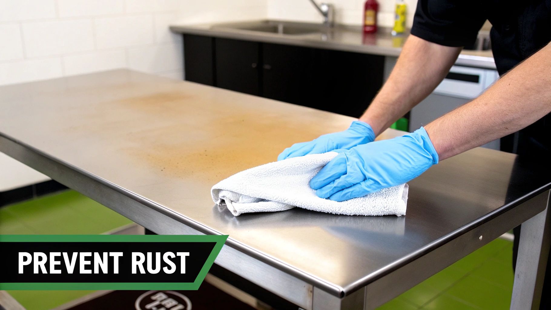 A stainless steel prep table being wiped down with a clean cloth in a commercial kitchen setting.