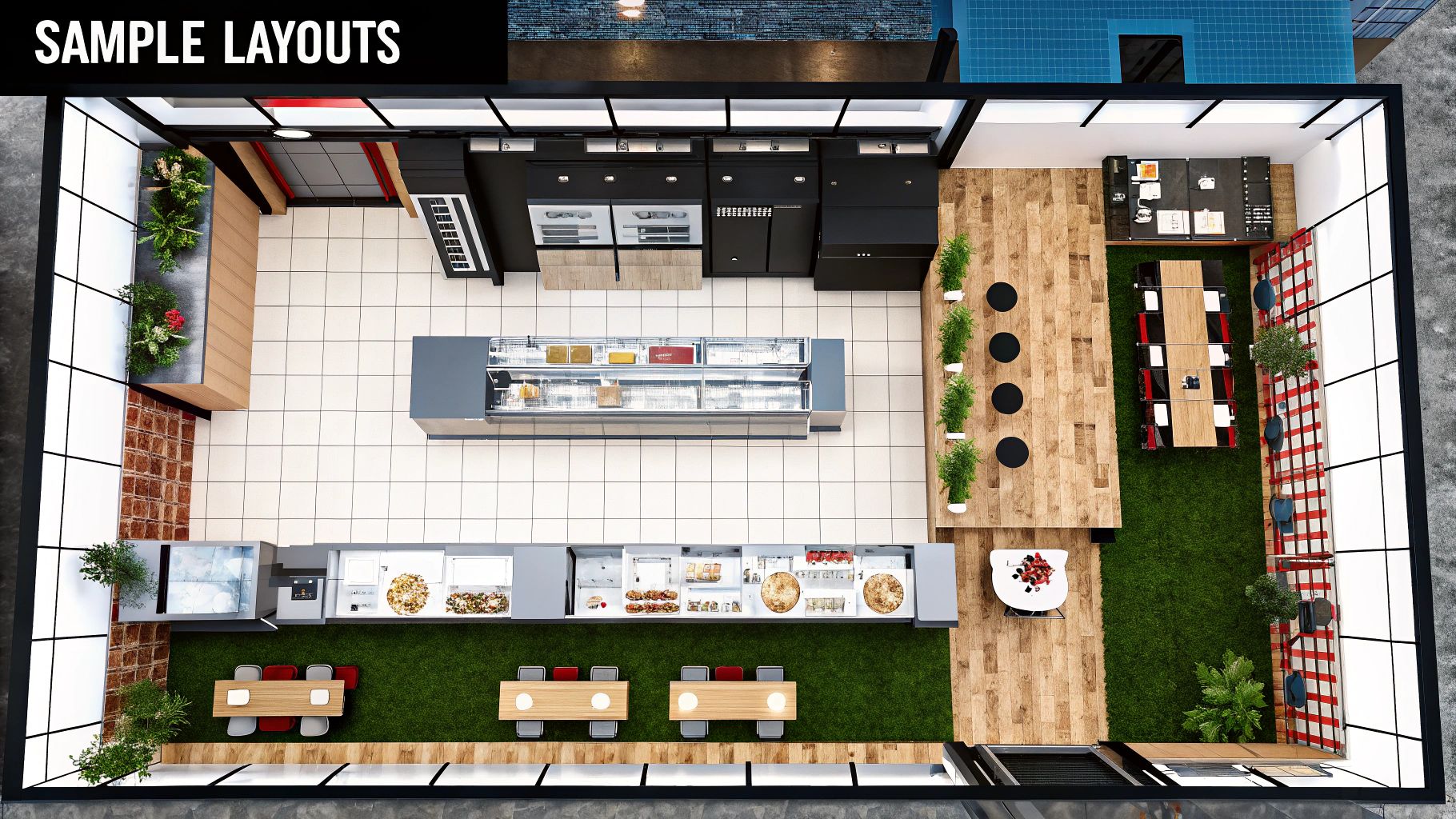 Overhead view of a modern restaurant kitchen, food display, and diverse dining areas.