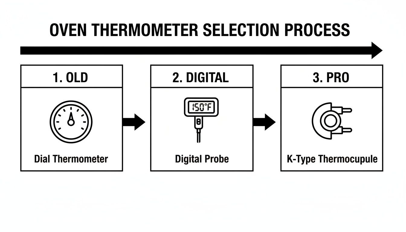 Diagram illustrating the oven thermometer selection process from old dial to digital probe and K-type thermocouple.