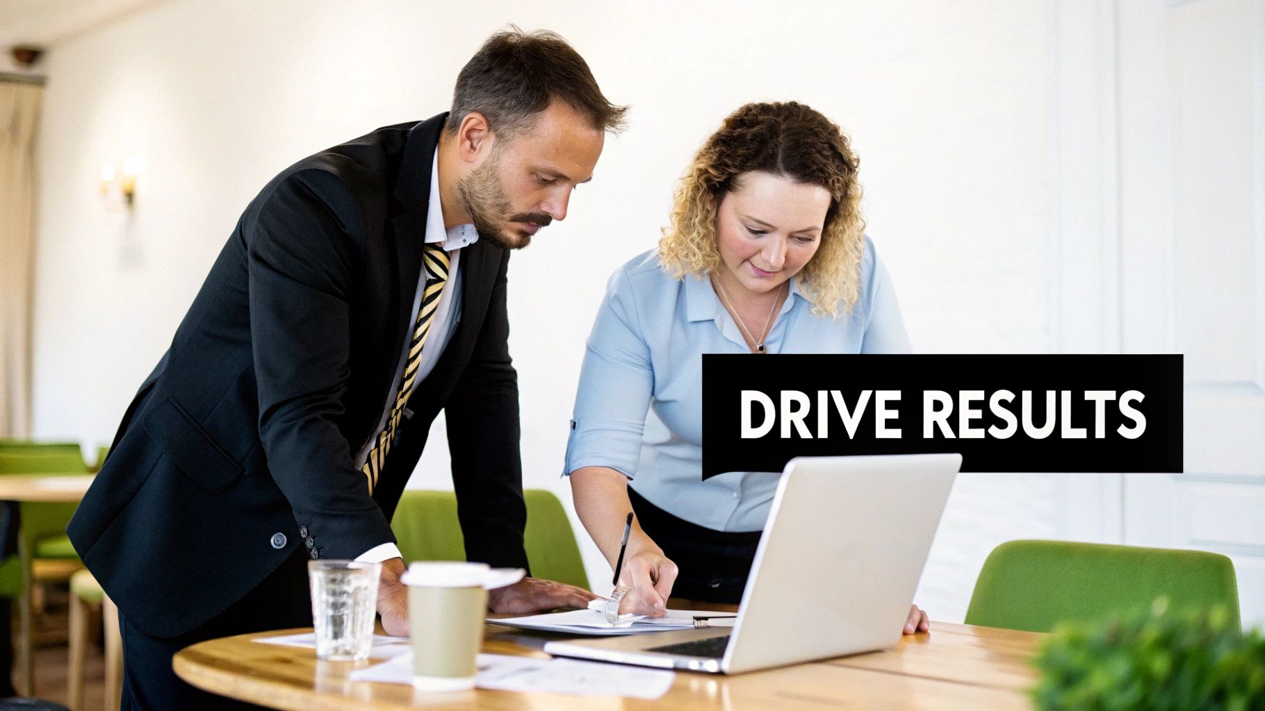 Two business professionals collaborating, reviewing documents and a laptop, with a 'DRIVE RESULTS' overlay.