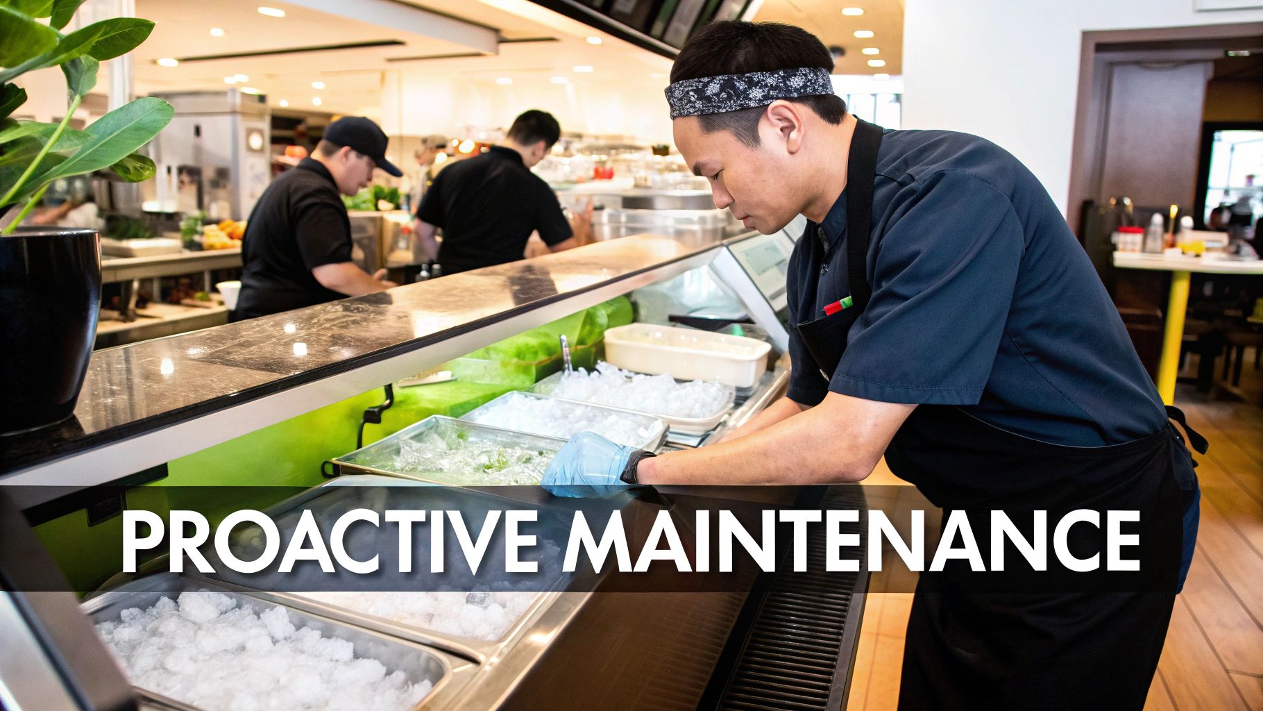 A commercial ice maker being serviced by a technician in a clean kitchen environment.
