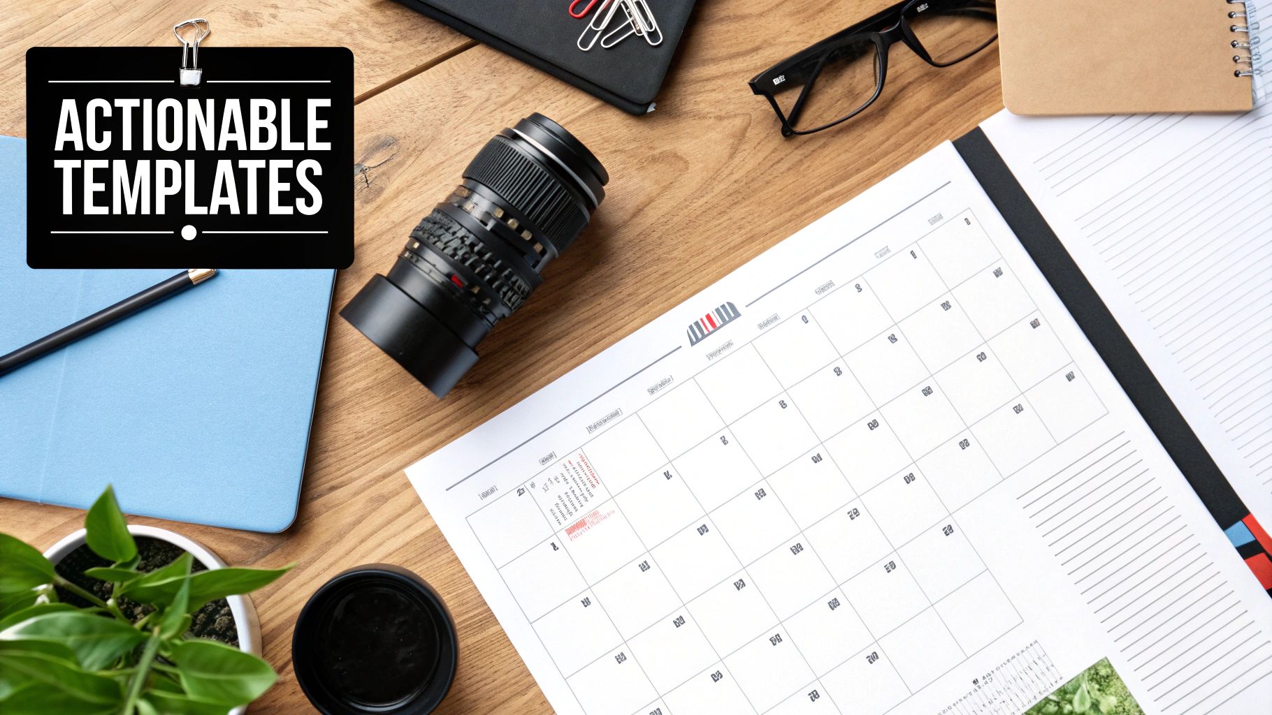 A top-down view of a wooden desk with a calendar, camera lens, glasses, and an 'Actionable Templates' sign.