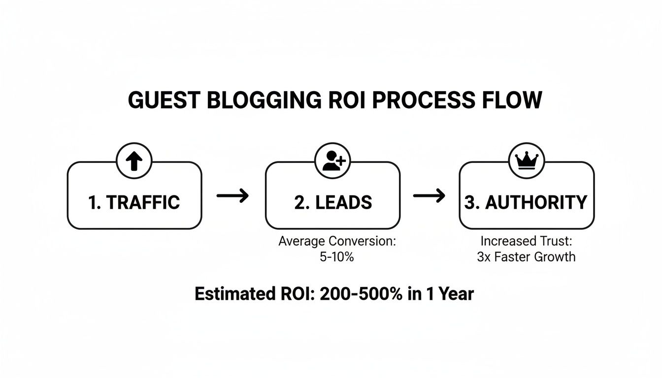 Guest blogging ROI process flow showing steps: traffic, leads, authority, and estimated 200-500% return.