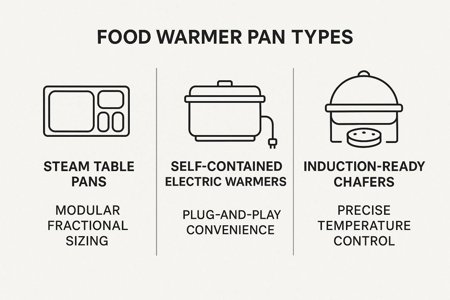 Infographic comparing Steam Table Pans, Self-Contained Electric Warmers, and Induction-Ready Chafers.