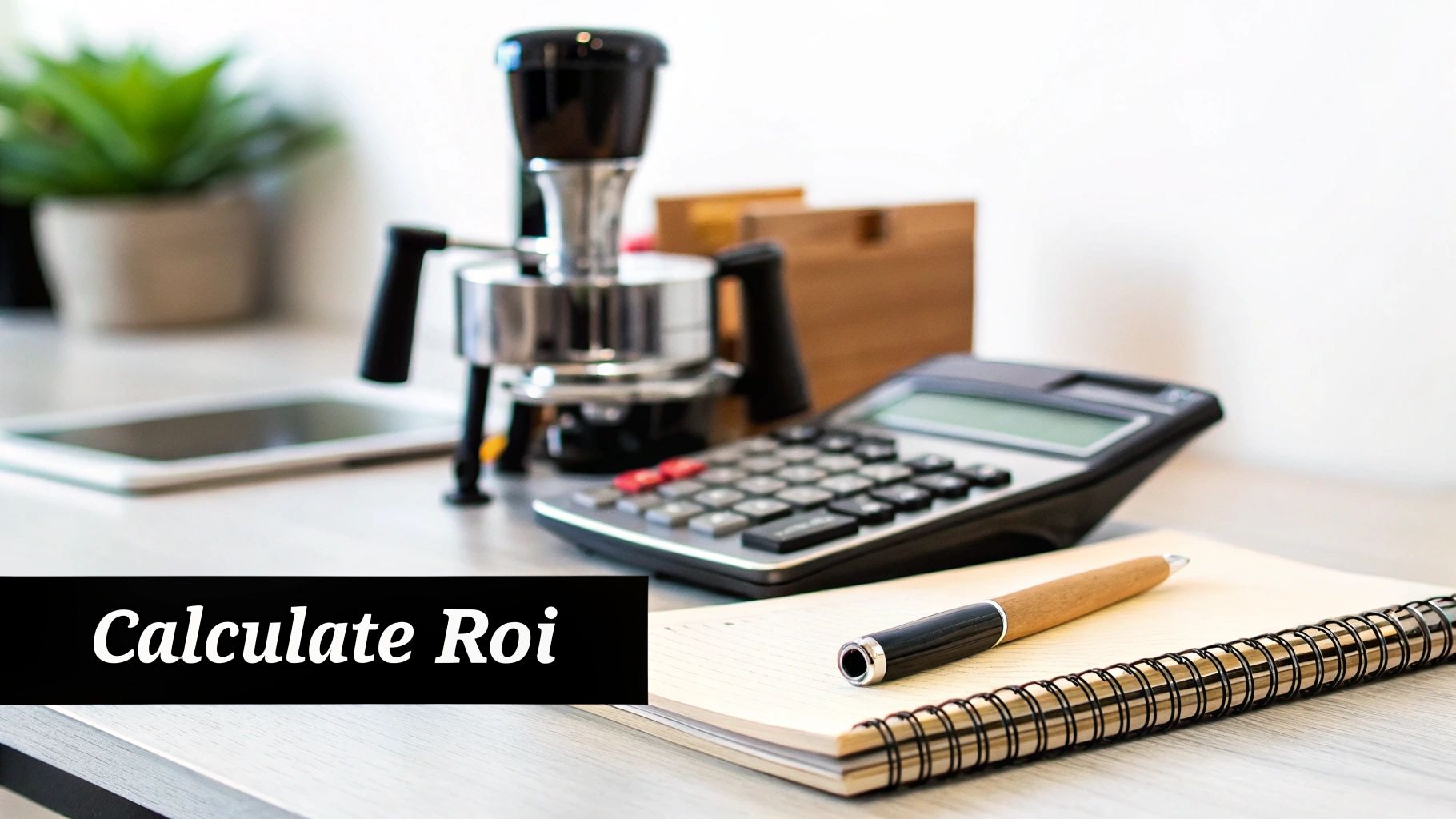 Calculator with espresso tamper, notebook and pen on desk for calculating coffee business ROI