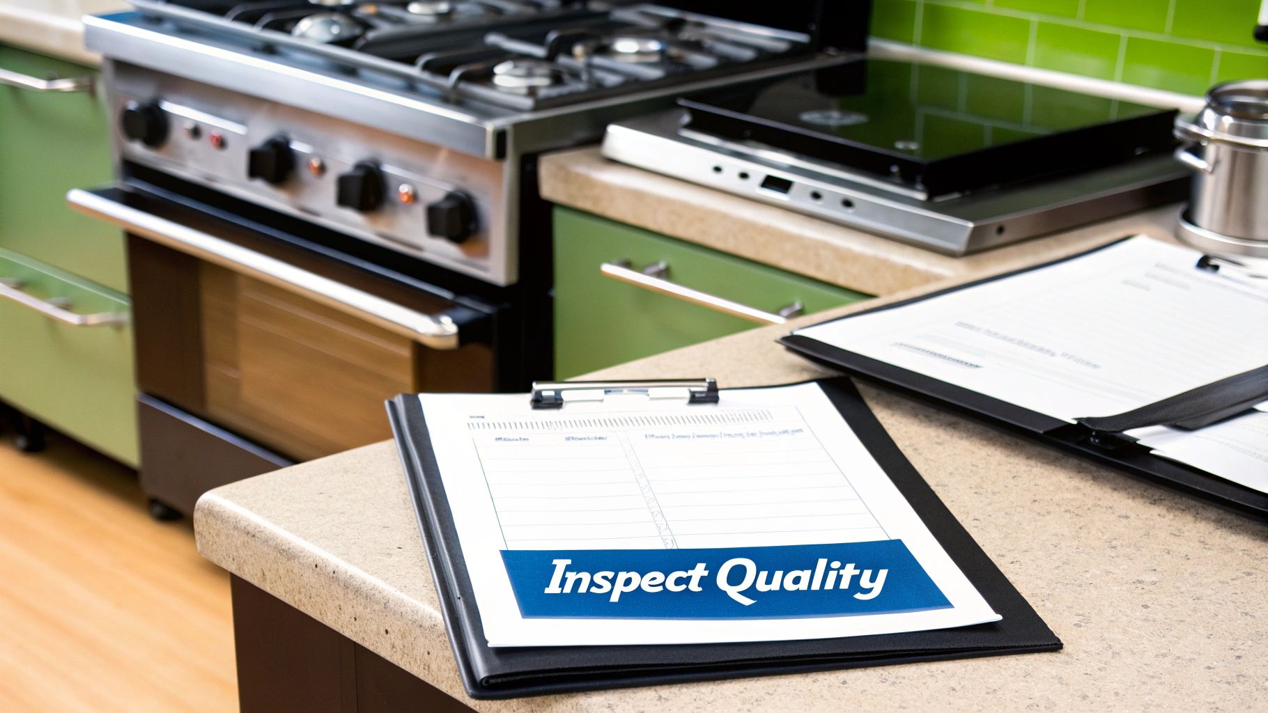 Close-up of a chef examining the quality of a stainless steel cooking pan in a brightly lit kitchen.