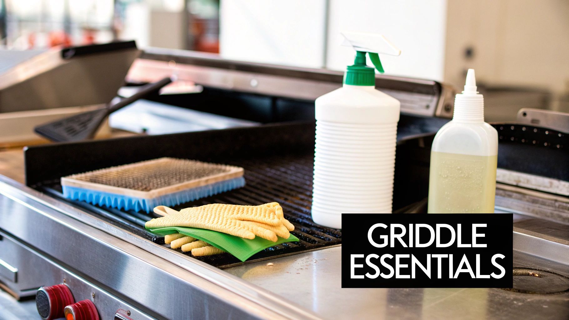 Griddle cleaning essentials: a scrub brush, gloves, a spray bottle, and a squeeze bottle on a commercial grill.