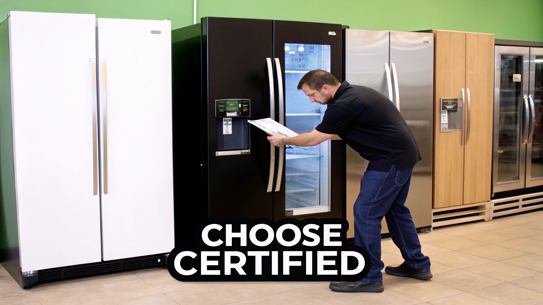 A man inspects a black refrigerator with "CHOOSE CERTIFIED" text in an appliance store.