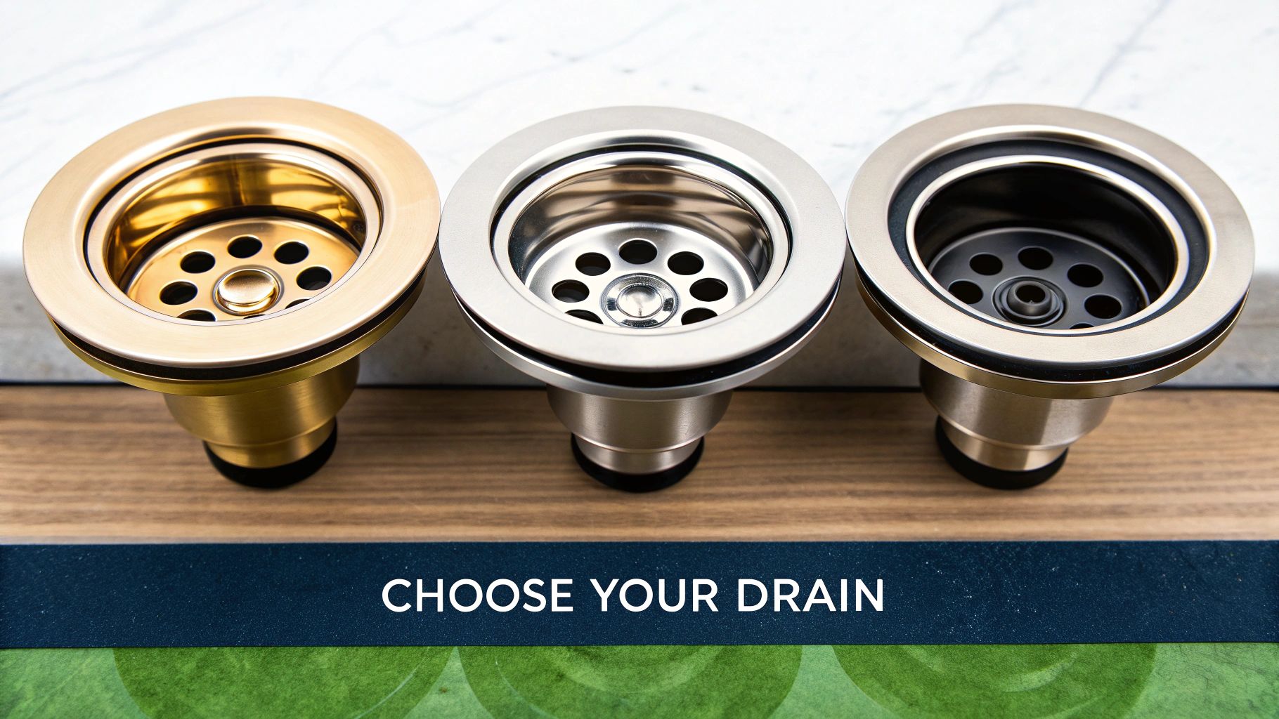 A close-up of a modern stainless steel sink with a shiny drain.