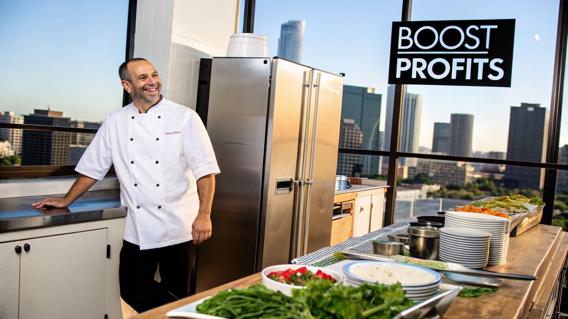 A smiling chef stands in a modern kitchen with commercial refrigerators and fresh ingredients, overlooking a city skyline.