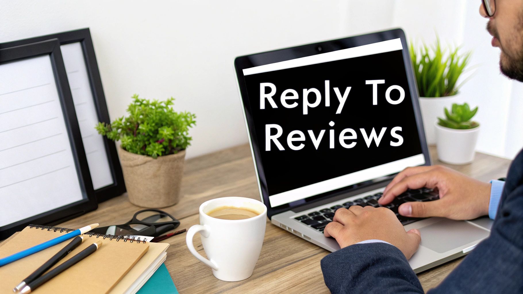 A person types on a laptop displaying 'Reply To Reviews,' working at a desk with coffee and plants.