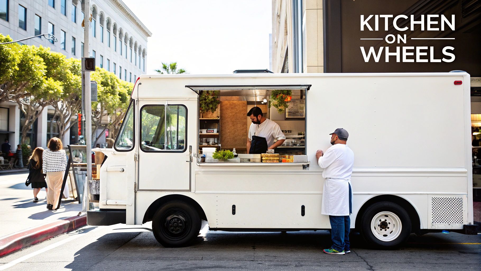 A bustling white food truck with a chef serving food, parked on a sunny city street.