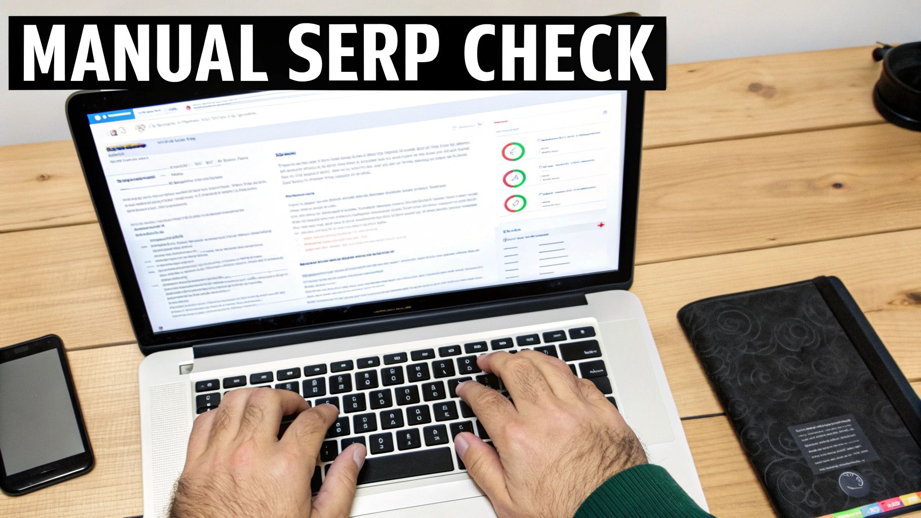 A person's hands typing on a laptop, performing a manual SERP check, with a smartphone and notebook on a wooden desk.