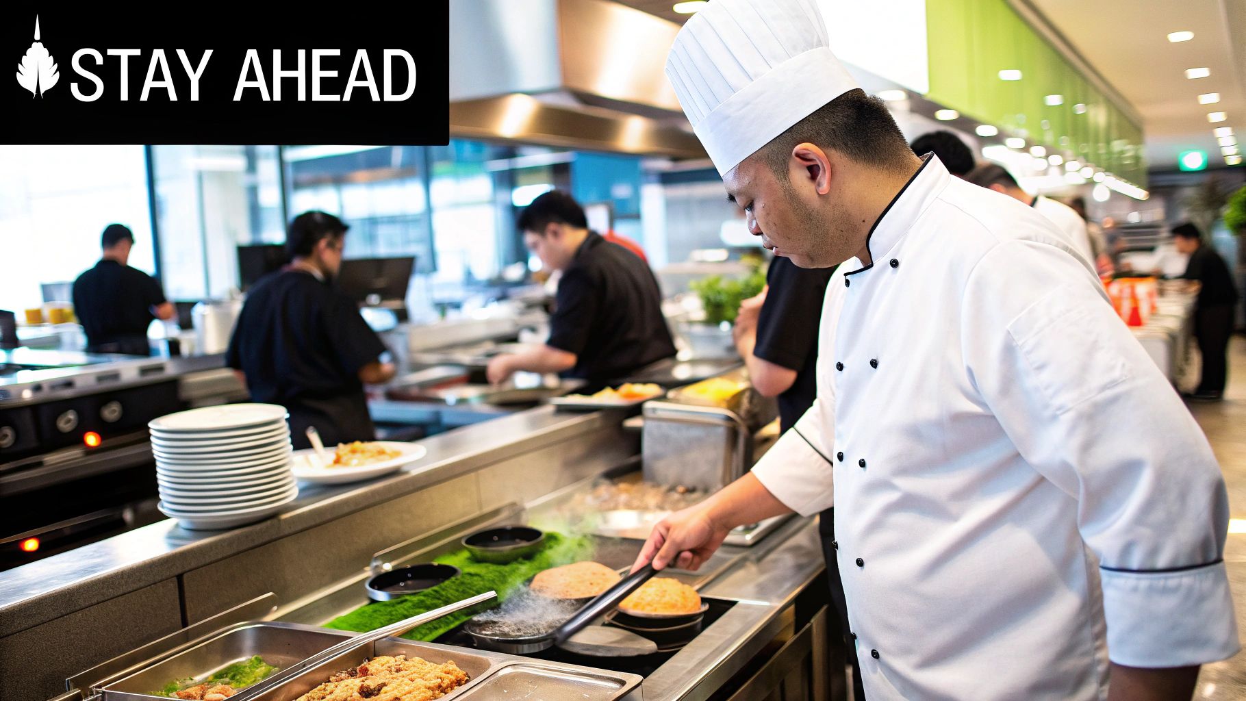 A chef seasoning a large, clean commercial griddle with oil.