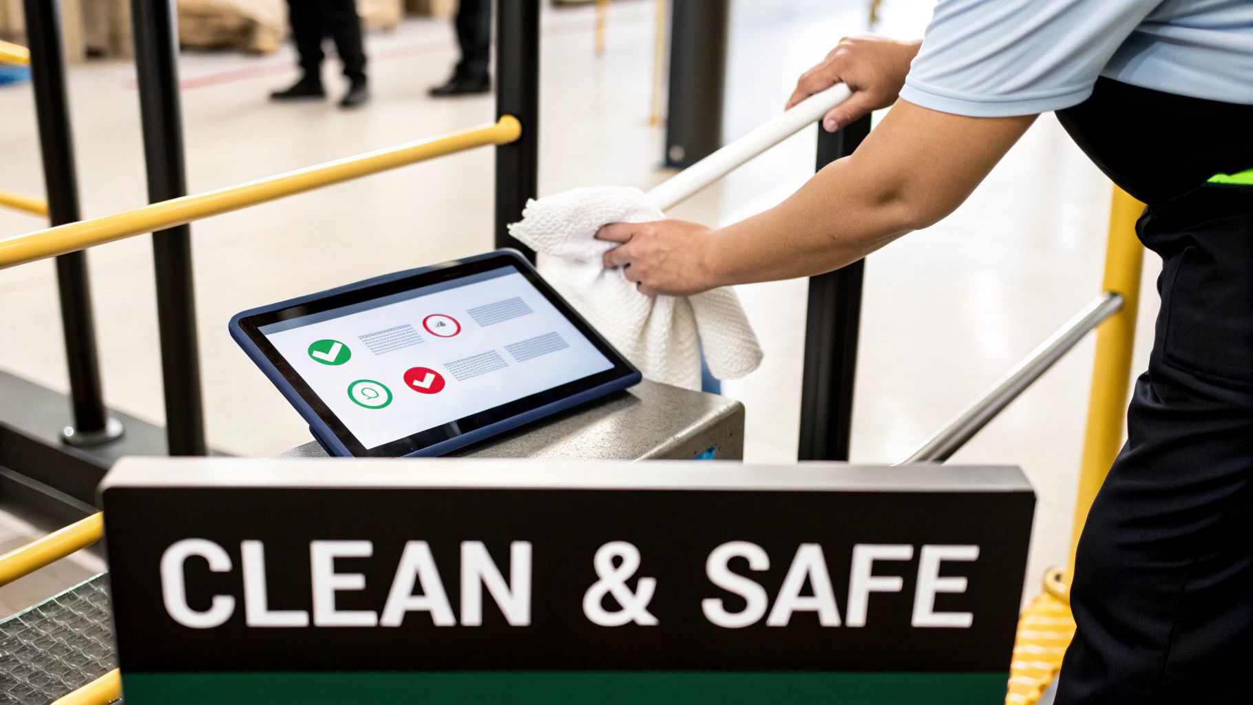 A worker sanitizes a security gate handle, next to a tablet displaying health checks and a 'CLEAN & SAFE' sign.