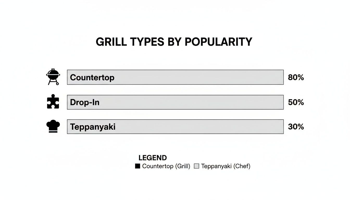 A bar chart showing the popularity of grill types: Countertop (80%), Drop-In (50%), and Teppanyaki (30%).