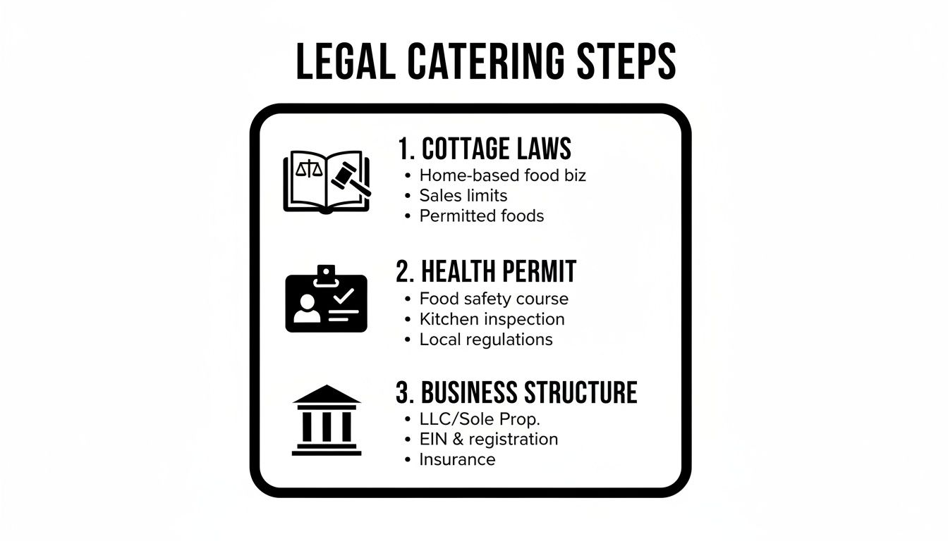 Infographic outlining three legal steps for starting a catering business: cottage laws, health permits, and business structure.