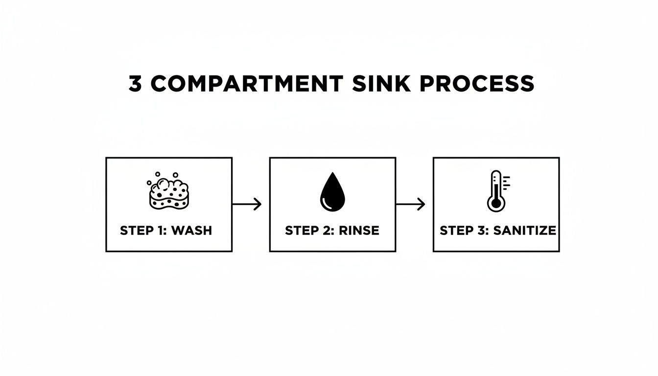 A diagram illustrating the three-compartment sink process: wash, rinse, and sanitize steps.