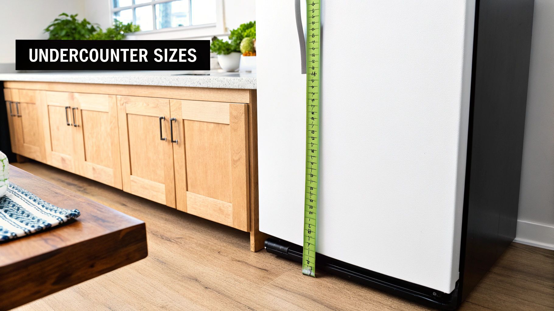 A green measuring tape on a white refrigerator next to wooden kitchen cabinets, highlighting undercounter sizes.