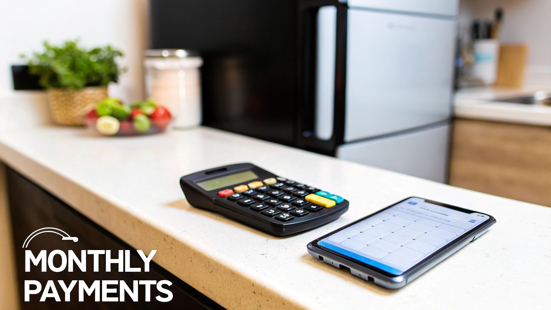 A calculator and smartphone on a kitchen counter, symbolizing monthly payments and financial planning.