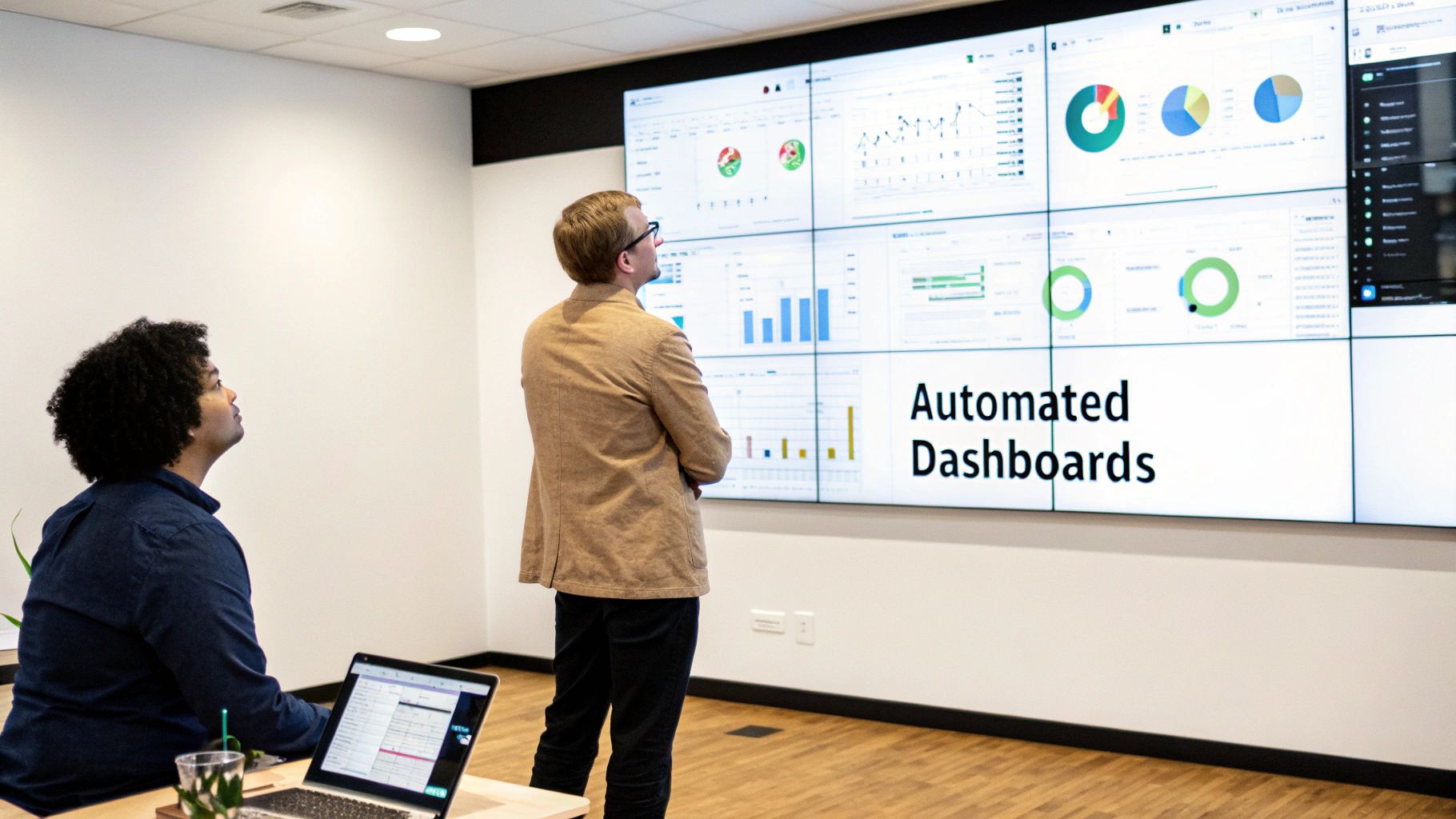Two professionals analyze business data on a large video wall displaying automated dashboards and charts.