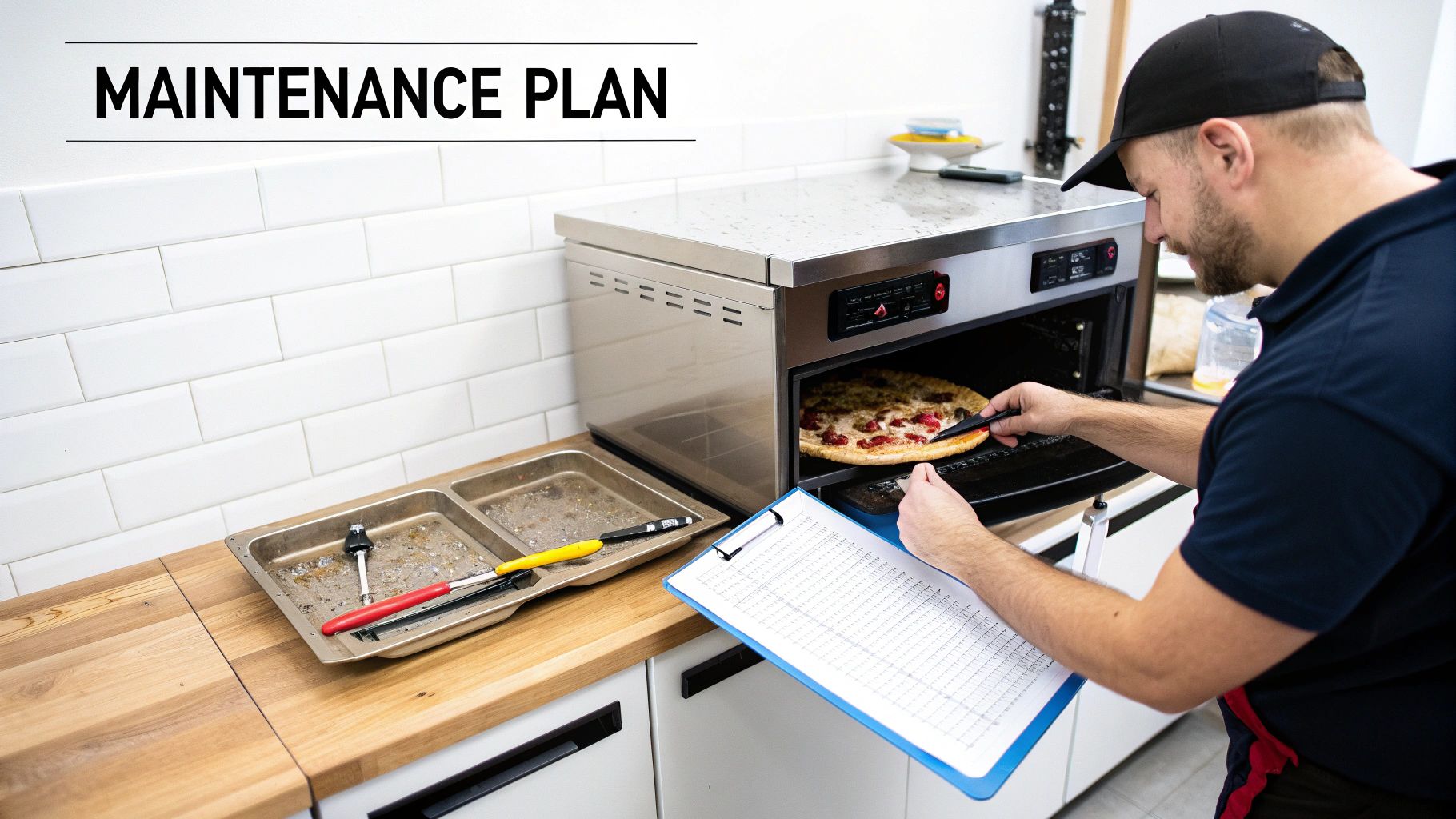 A man in a cap checks a pizza inside a commercial oven, holding a maintenance plan.