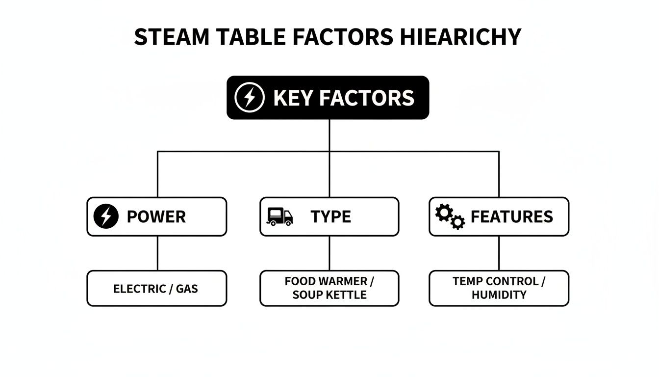 A hierarchy diagram illustrating key steam table factors: power (electric/gas), type, and features (temp control).