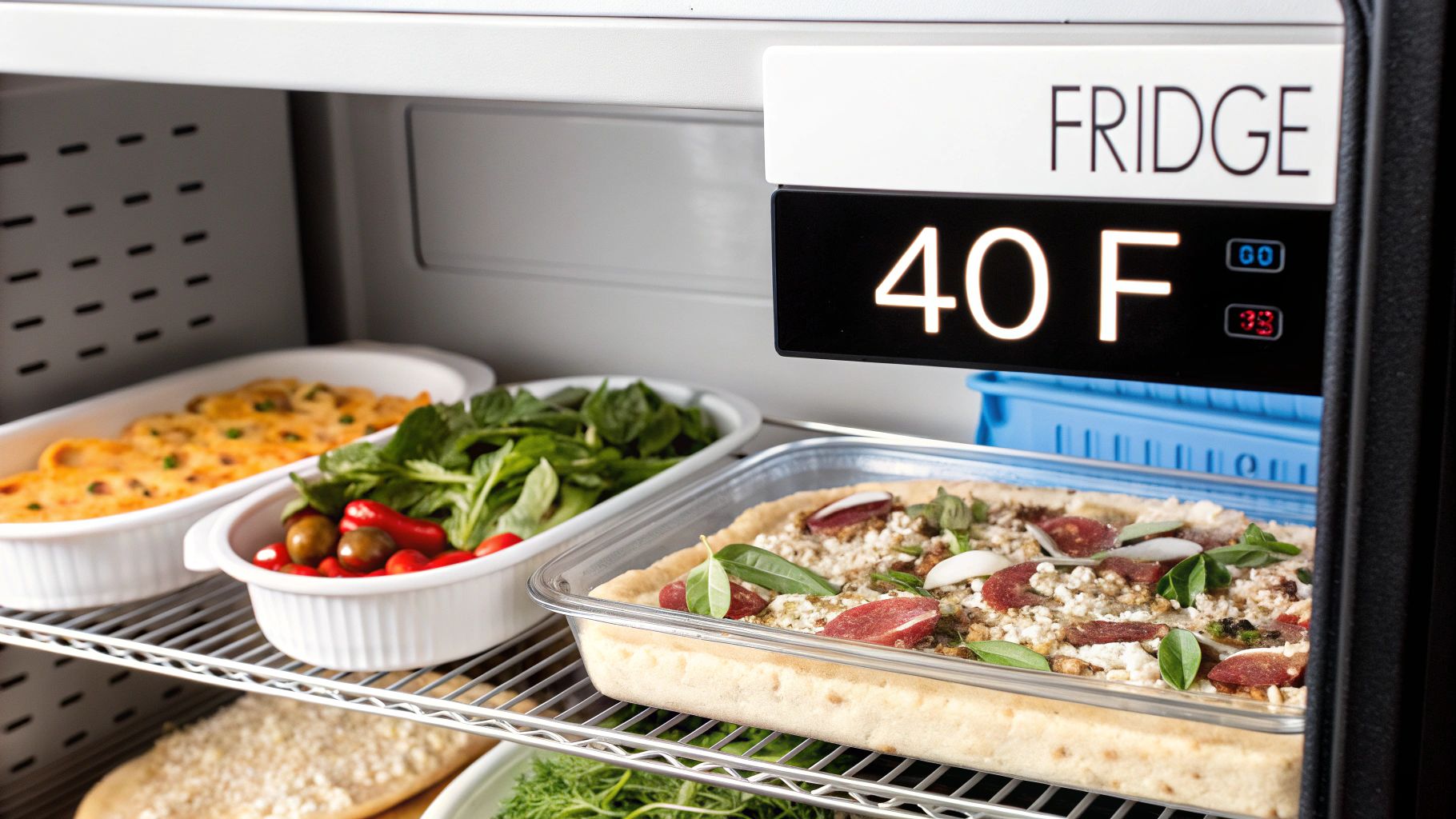 Inside a commercial refrigerator, showing food containers and a digital display set to 40 F.