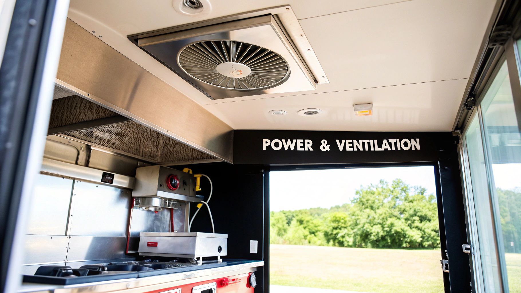 Interior of a modern food truck kitchen with stainless steel equipment, ventilation, and an open view outside.