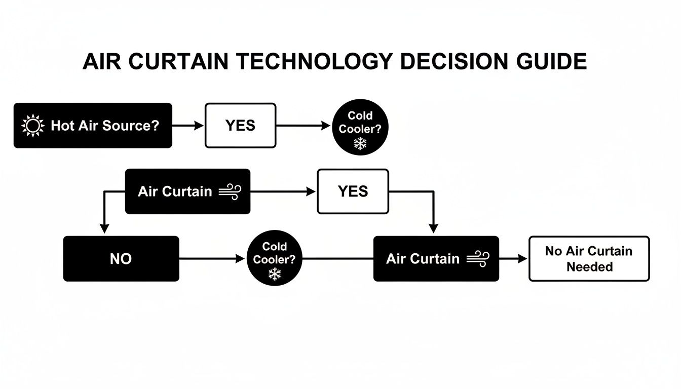 Flowchart illustrating the air curtain technology decision guide, considering hot air sources and cold coolers.