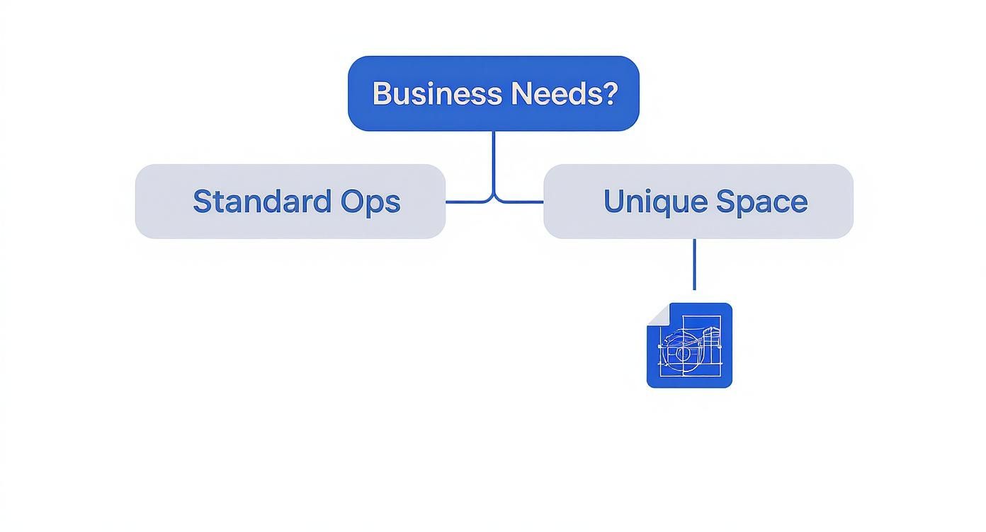 A flowchart showing 'Business Needs?' branching into 'Standard Ops' and 'Unique Space,' which links to a blueprint icon.