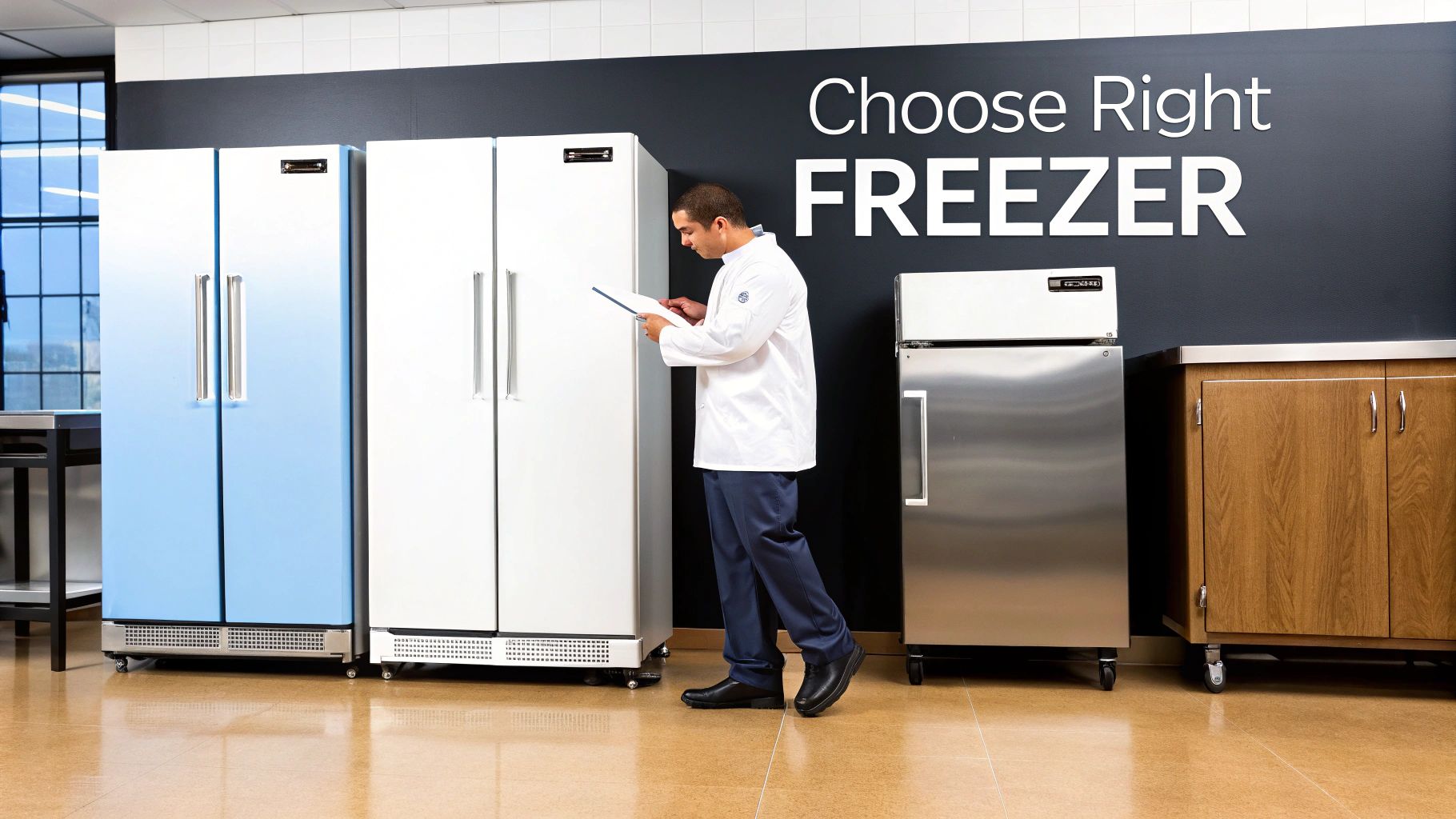 A chef retrieves items from a large, stainless steel commercial freezer in a professional kitchen setting.