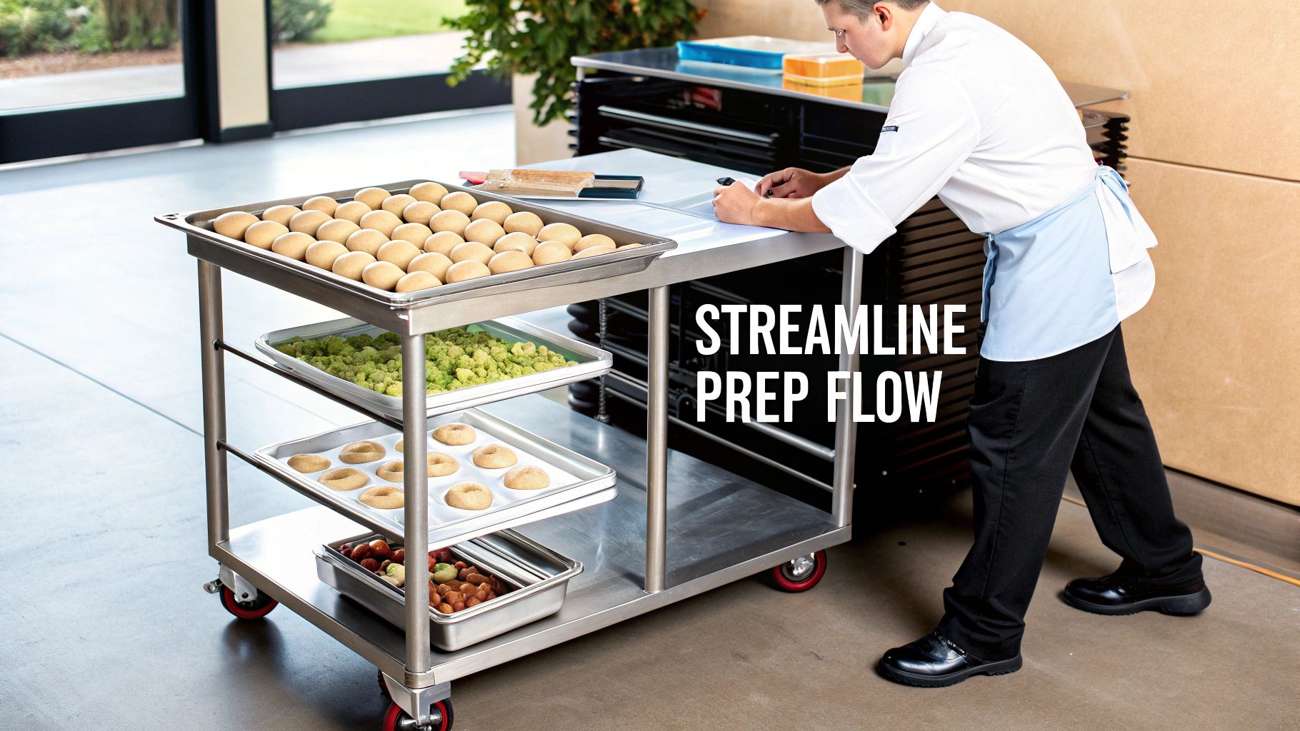 Chef efficiently preparing food in a commercial kitchen with a mobile stainless steel prep cart.
