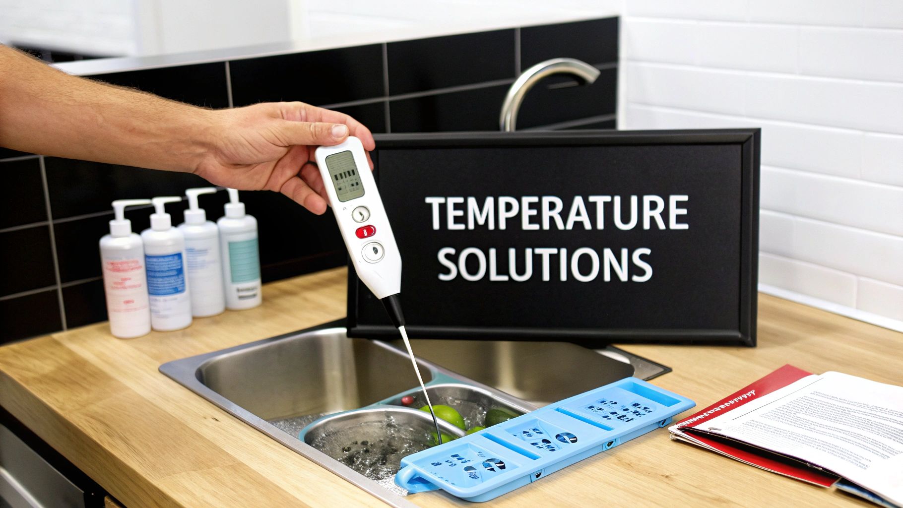 A hand holds a digital thermometer measuring water temperature in a kitchen sink, with a 'Temperature Solutions' sign nearby.