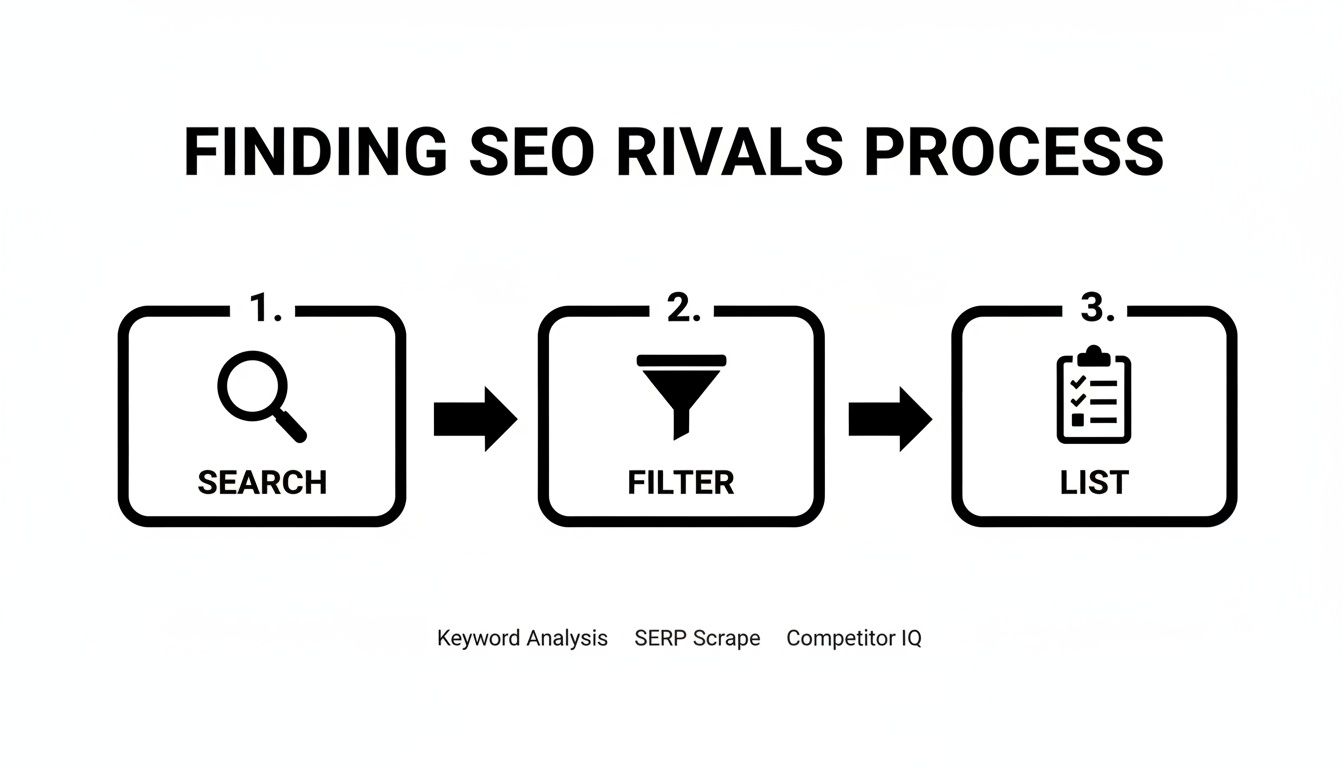 A three-step process for finding SEO rivals: search, filter, and list, using keyword analysis and SERP scrape.