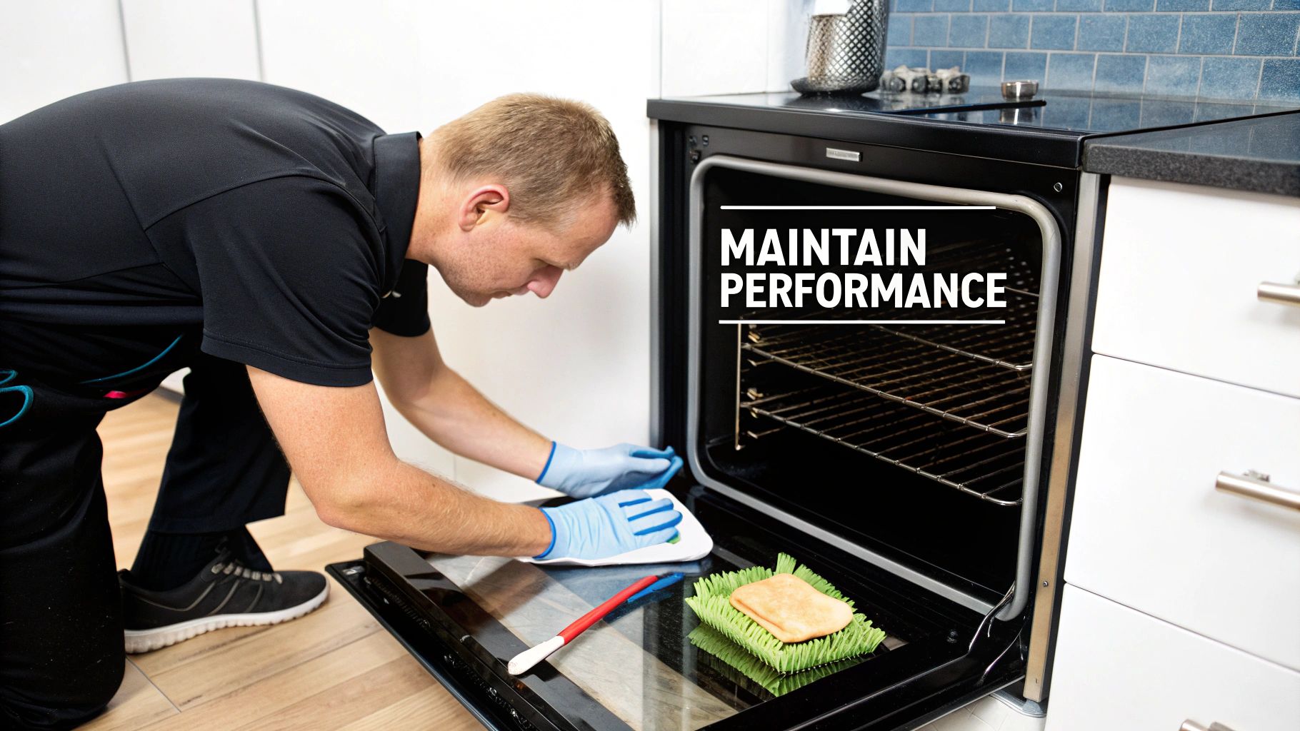 A man wearing gloves is diligently cleaning the interior of an open kitchen oven to maintain its performance.